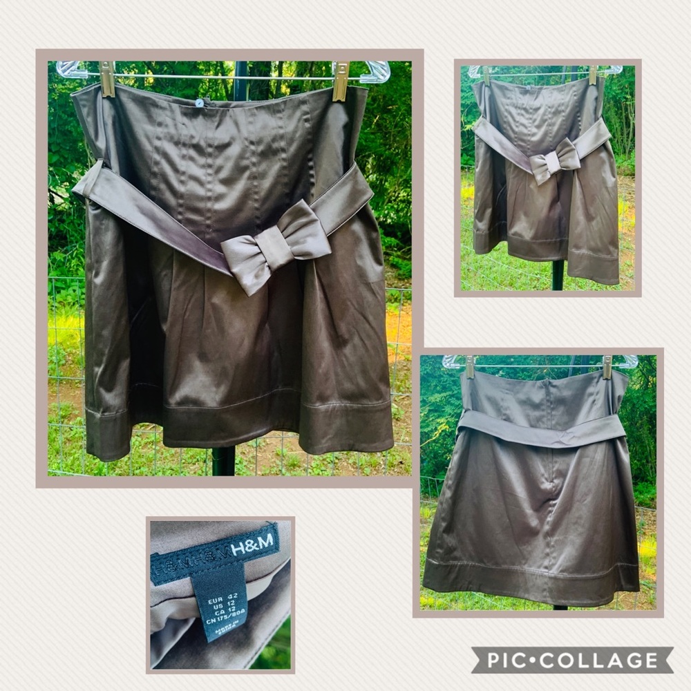 •H & M Short Brown Skirt + Bow Belt•